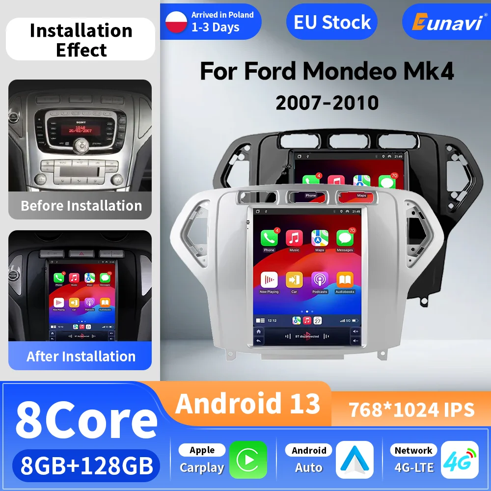 Eunavi 9.7 "autoradio Android pour Ford Mondeo Mk4 Galaxy A/C 2007-2010 vidéo multimédia 2Din 4G WIFI GPS Carplay Navigation