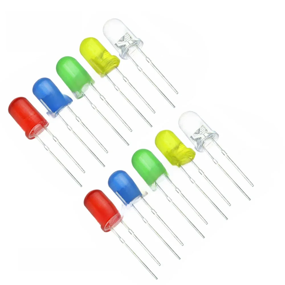 100 sztuk/partia 5 kolorów F5 5MM okrągły zestaw asortymentowy LED Ultra jasne rozproszone zielone/żółte/niebieskie/białe/czerwone diody elektroluminescencyjne — zdjęcie 2