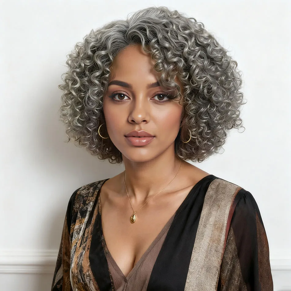 

Kinky Curly Salt and Pepper Mixed Wigs For Old Lady Bob Gray Wigs Hua Grey Wig Human Hair Deep Curly Glueless For Black Women
