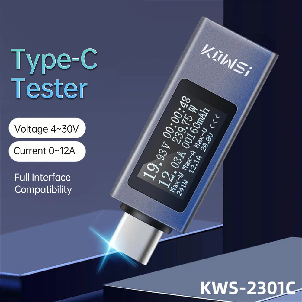 KWS-2301C DC 4-30V 0-12A Digital Display DC Voltage Ammeter Power Meter Detector Type-C interface Cell Phone Charger Tester