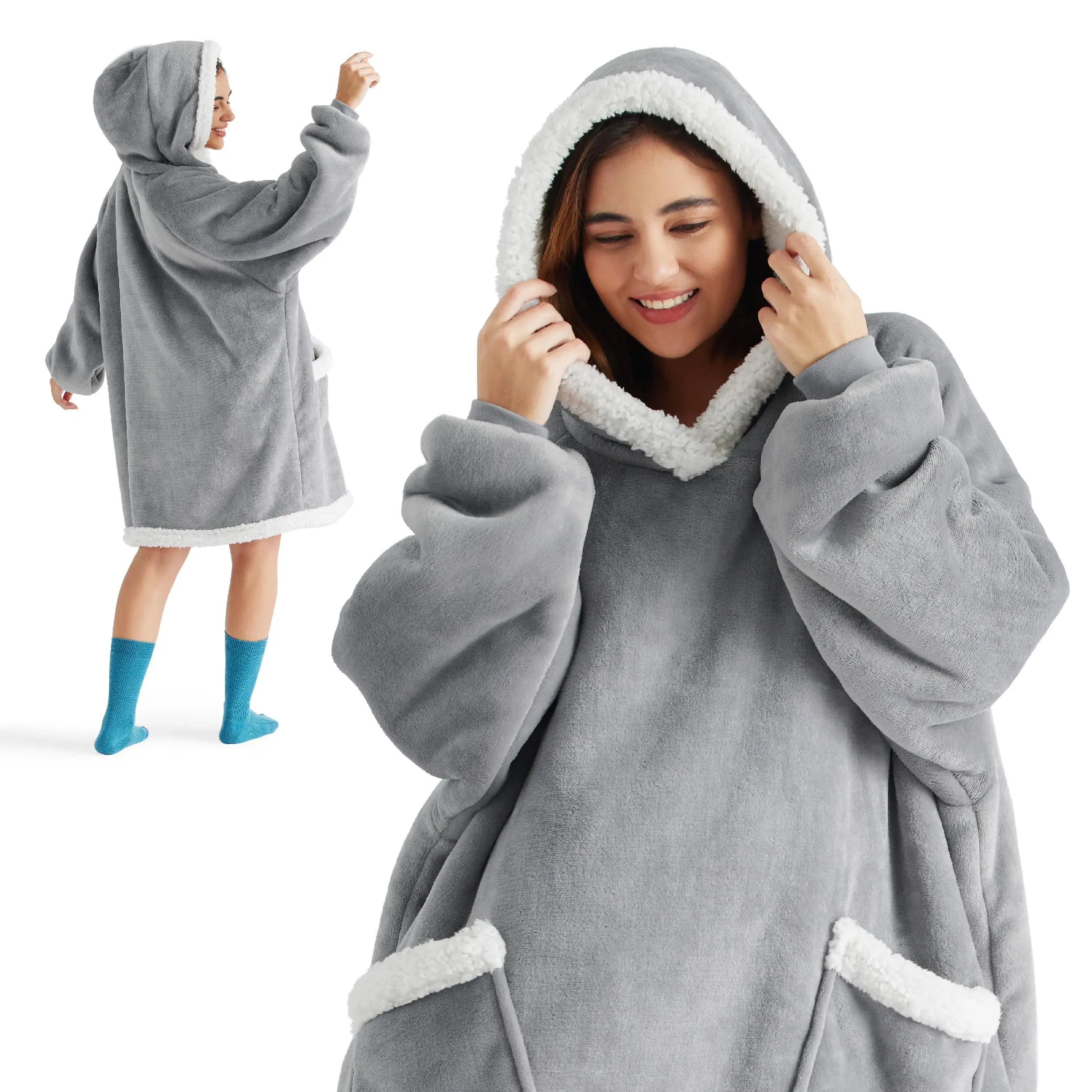 Oversized Hoodie Blanket with Sleeves Winter Warm Fleece Sweatshirt Blanket Women Men Pullover Giant Tv Blanket Camping Blankets