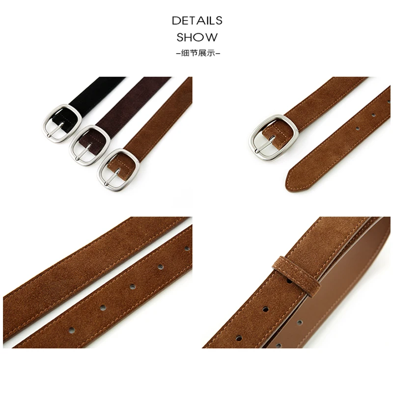 Fashion Skinny Women Belts Vintage Suede Cowhide Belt Genuine Leather Belts Female Dress Coat Decoration Silver Buckle Waistband