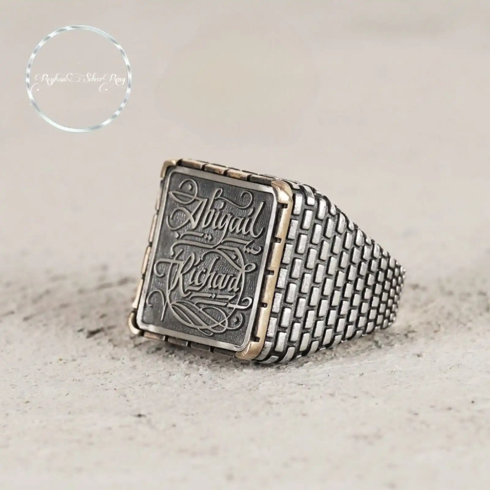 

Handmade Silver Ring with Kale Design and Custom Name in Elegant Calligraphy - Customizable Jewelry - Gift For Him, Fathers Day