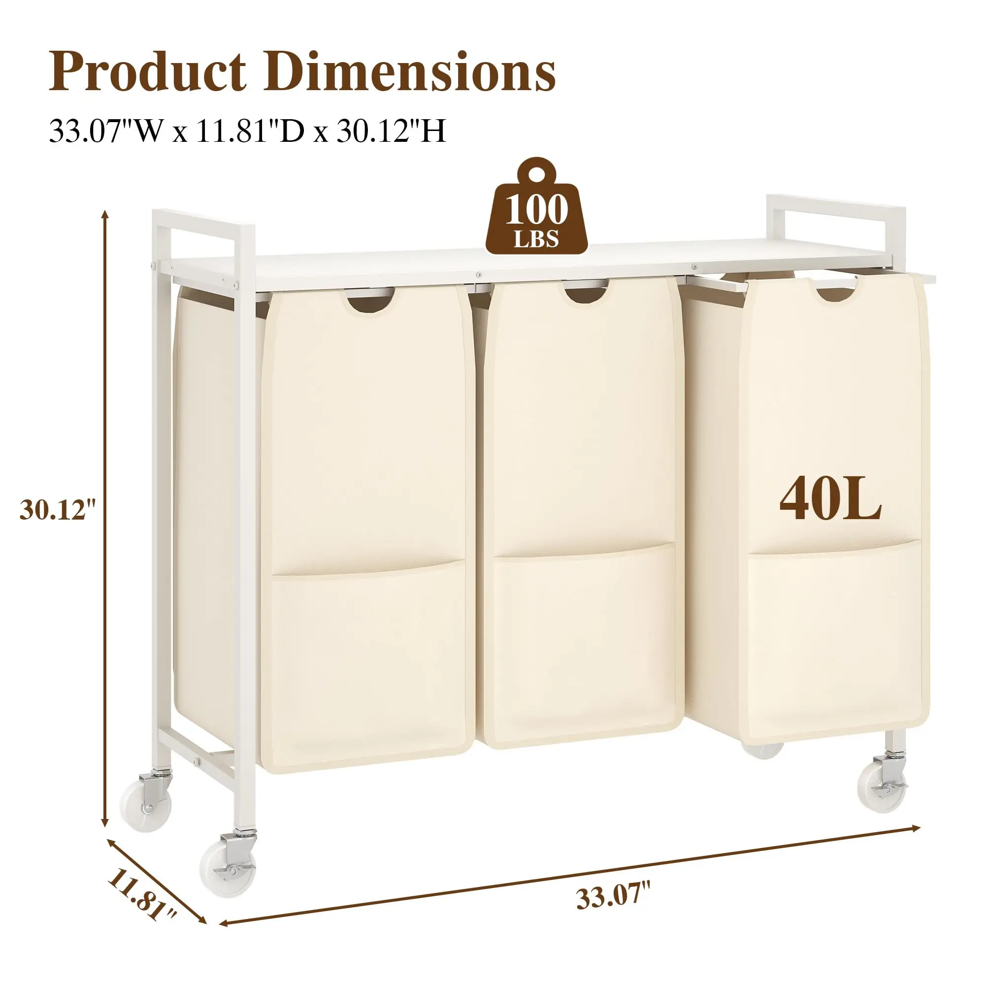 3-zakken wasmandenwagen met wielen, grote capaciteit van 40L zakken, stevig metalen frame, 100 lbs bovenste plank, uitneembare uittrekbare zakken, wasmandenorganizer voor slaapkamer, badkamer,