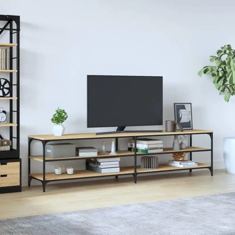 VidaXL Meuble TV 200 cm en bois dingénierie chêne sonoma et métal – Grand rangement, design élégant