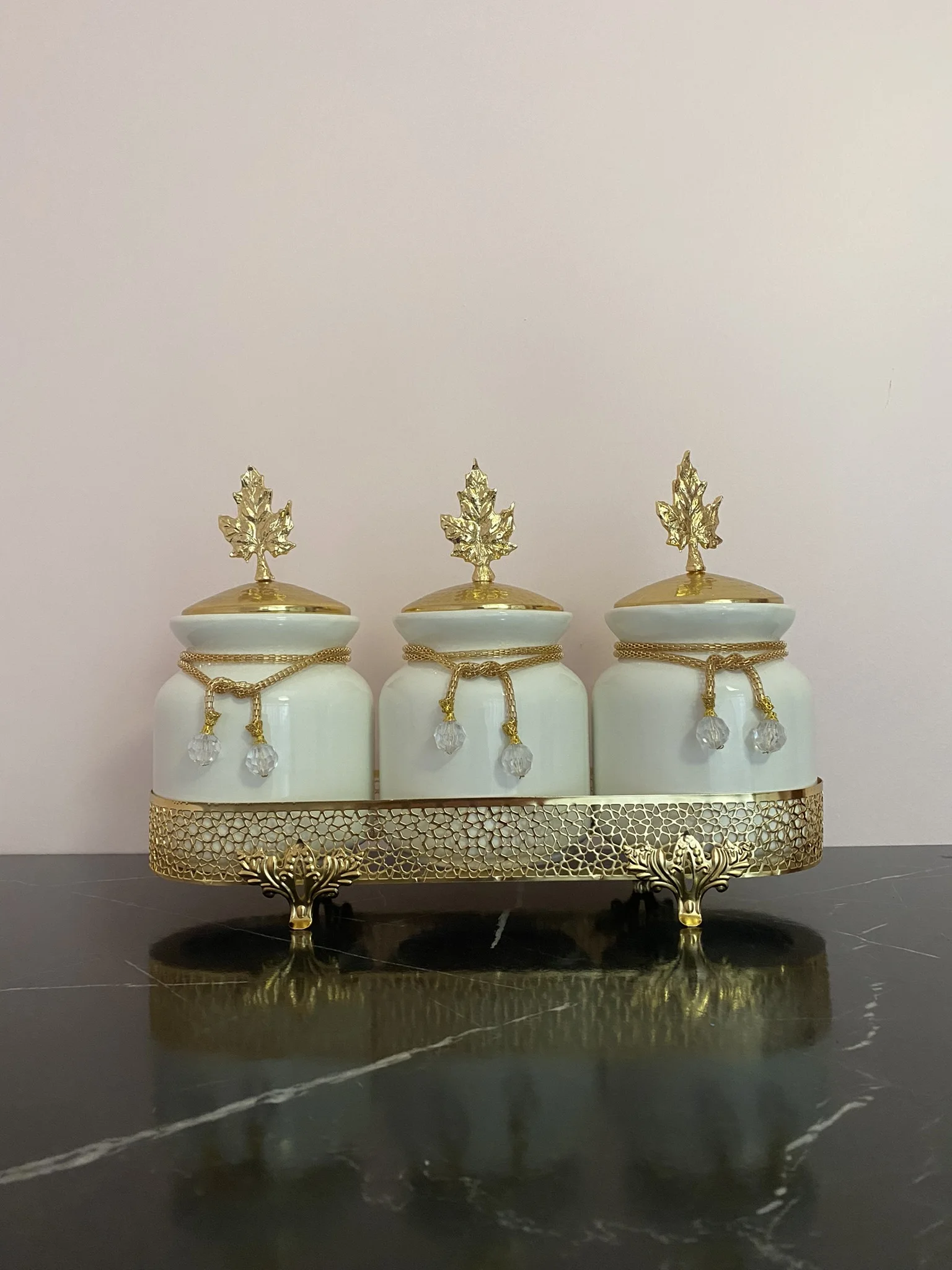 Canister sets 3 Pieces Jar Gold Stand Porcelain Metal Handwork High Quality Kitchen Accessories Table Serving Holder