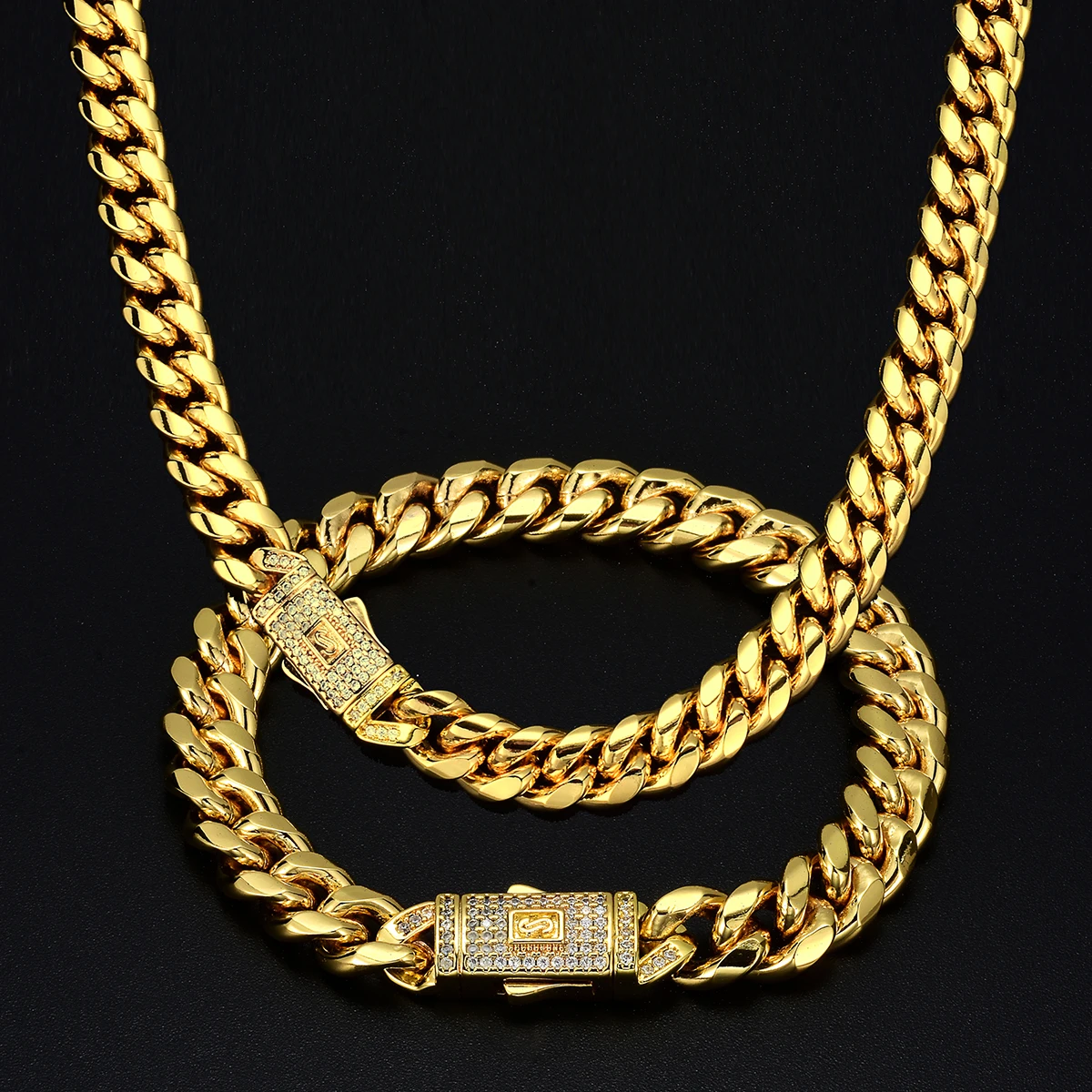 

10mm Gold Plated Stainless Steel Hip-Hop Cuban Link Chain for Men – Necklace or Bracelet (7.5-30 Inch) with Full CZ Buckle