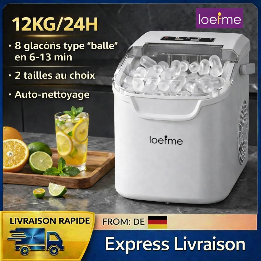 LOEFME Machine à Glaçons Portable 12kg/24h 8 Glaçons en 6-13 Min Auto-Nettoyante LED avec Taille de Glaçons Réglable Réservoir d’Eau 0,8L