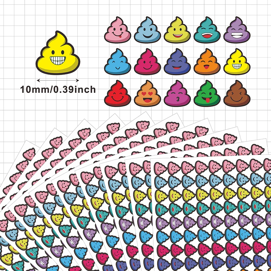 1500 Pcs Colorful Poop Face Stickers – Mini Self-Adhesive Labels in 15 Designs for Scrapbooking, Journals, DIY Crafts.