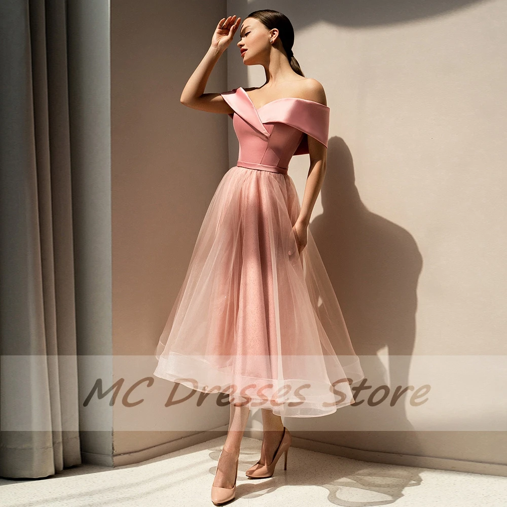 JEHETH Strapless Tulle Modern Off the Shoulder Prom Gown 2022 for Women Tea Length Draped Party Evening Dress Robe De Soirée