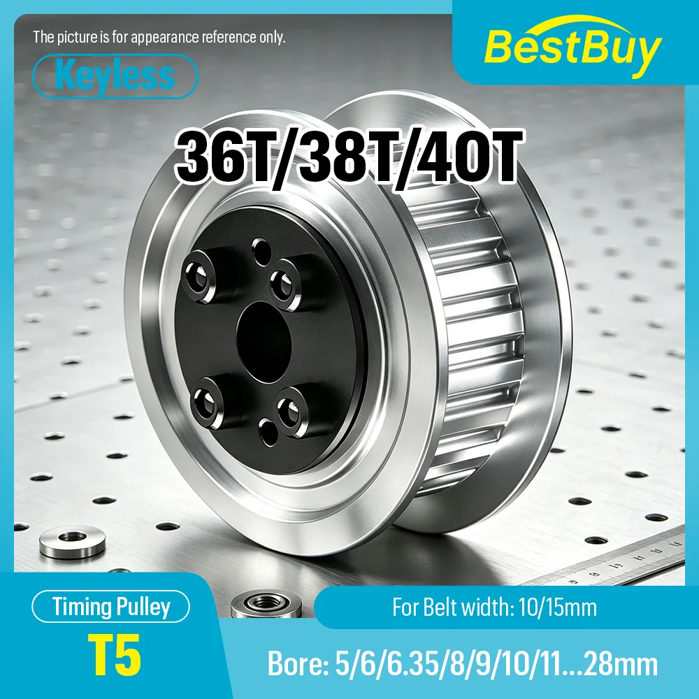 T5 Trapezoidal Tooth Timing Pulley 36T 38T 40T Keyless Bushing Bore 5‑28mm For 10mm 15mm Width Synchronous Belt