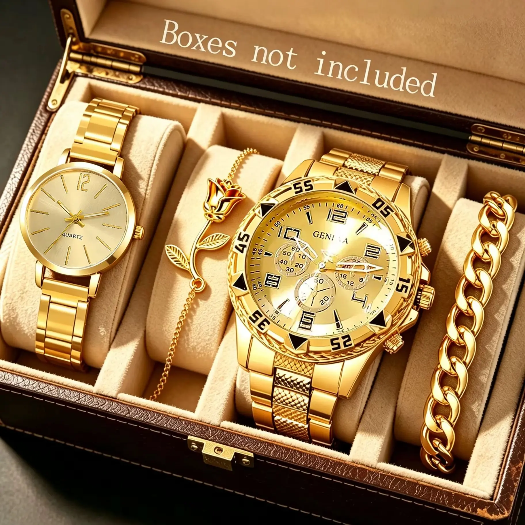 4-Piece Set of Gold Couple's Quartz Watches with a Trendy and Elegant Bracelet Set, Suitable for Couples, Casual and Everyday Wear, Perfect for Holiday Parties, and as a Suitable Gift for Him (Without Gift Box)