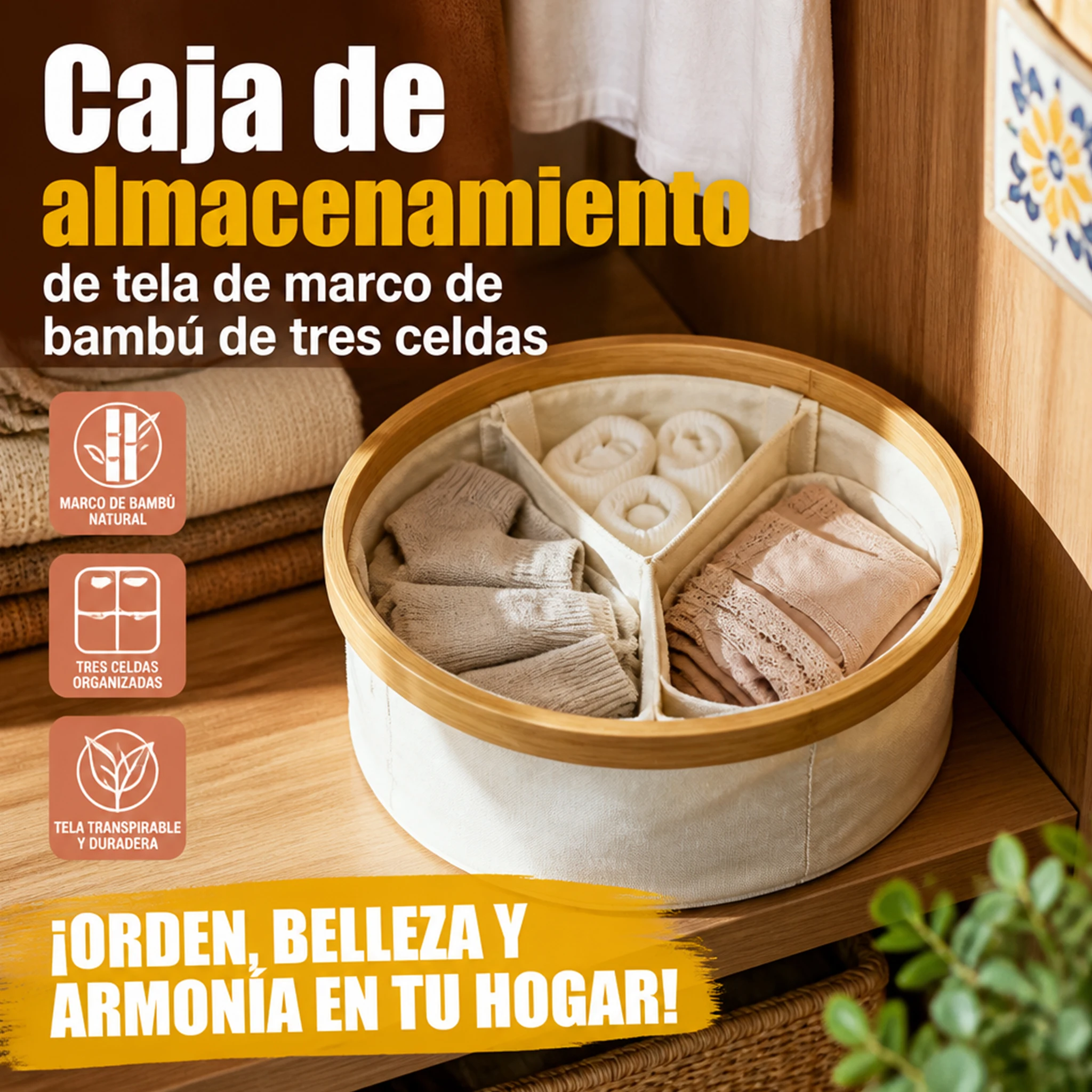 Panier de rangement rond en tissu Oxford avec cadre en bambou naturel, 3 compartiments divisés 30x9 cm, panier de rangement pliable résistant aux déchirures, coins polis sans bords vifs pour placard, salle de bain, chambre et chambre d'enfant