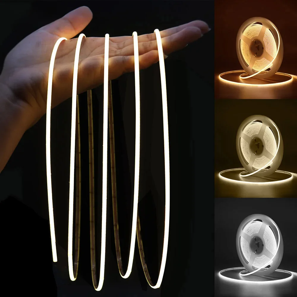 Bande lumineuse LED COB super fine pour décoration de voiture, barre lumineuse linéaire flexible, blanc chaud et froid, 2.7mm, 3V, 12V, 480LED, m, 5V