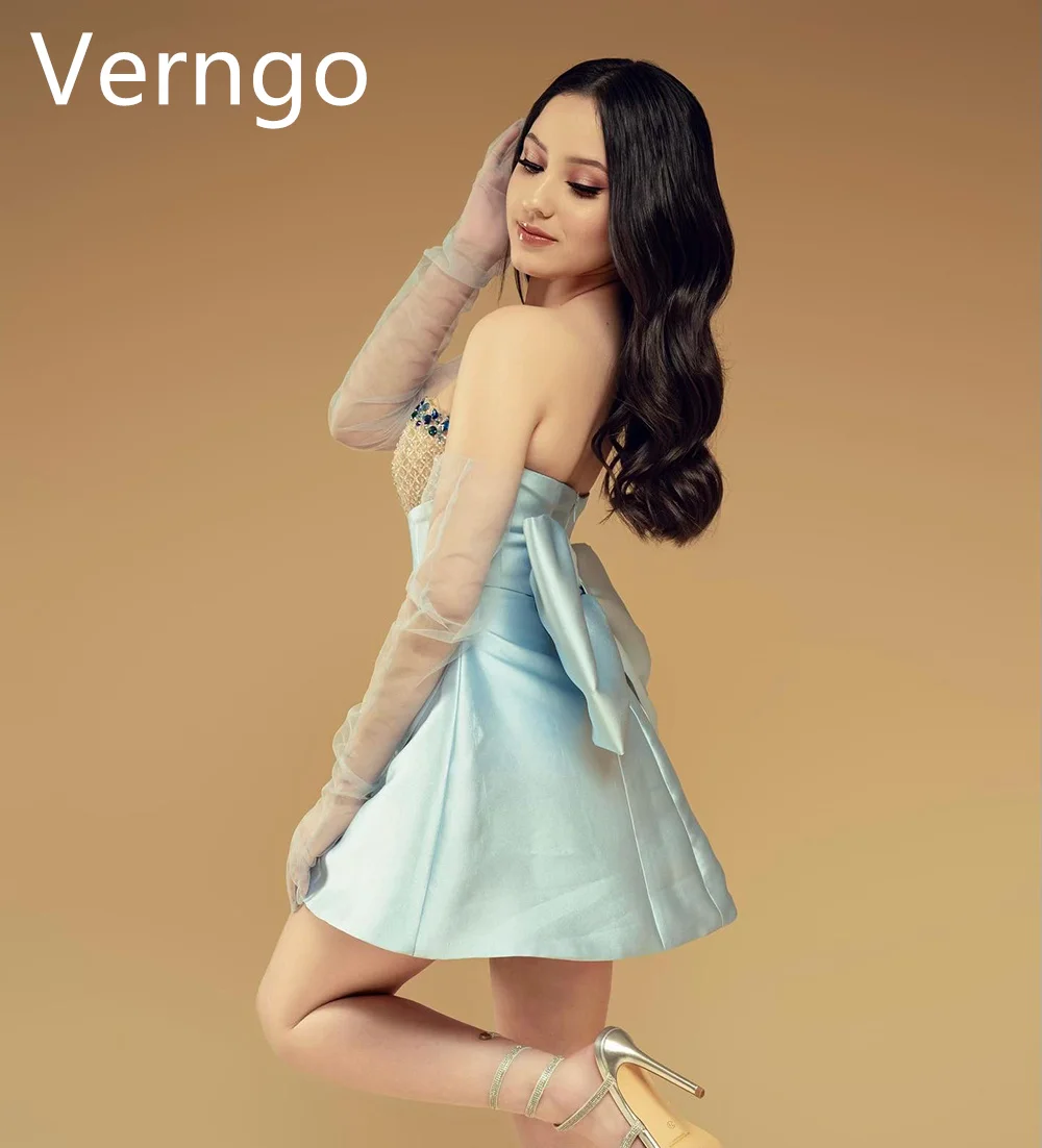 Verngo Blue Satin Mini Party Dress Girl Sequined Prom Gown A Line Bow Cocktail Dress Short Birthday Party Gown Customized