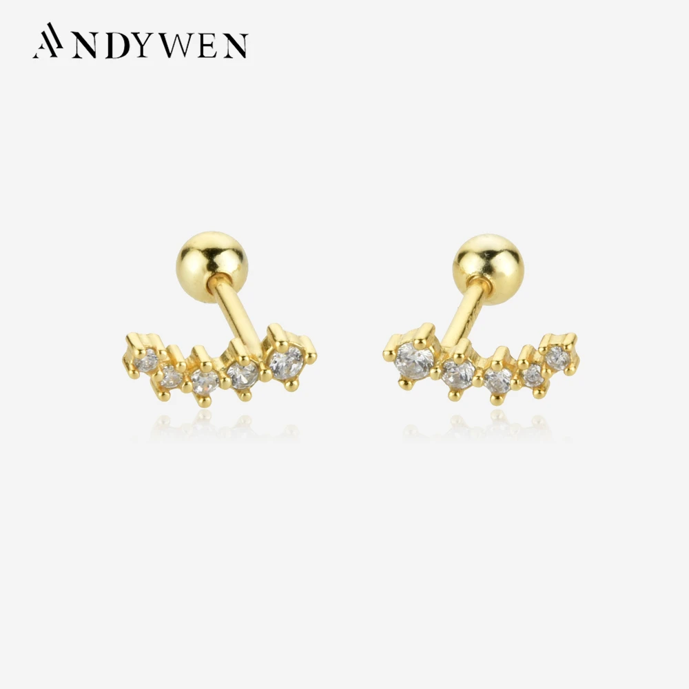 

ANDYWEN 100% 925 Sterling Silver Gold Five Clear Zircon CZ Piercing Pendiente Clips Stud Earring Tiny Women Fine Jewelry