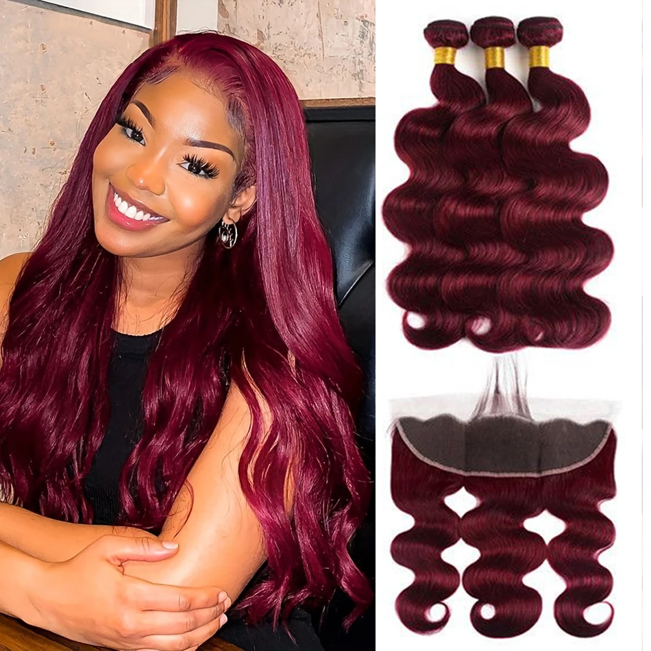 

99J Burgundy Body Wave Bundles With Frontal Human Hair 3 Bundles With 13x4 Frontal Closure Brazilian Hair Weave Remy Hair Bundle