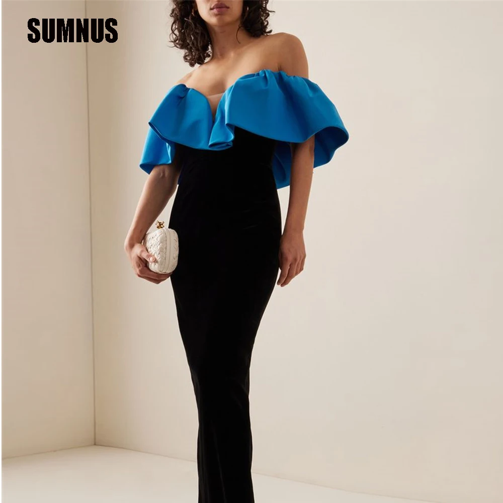 

SUMNUS Black Velour V-Neck Long Straight Prom Dresses Off The Shoulder Evening Dress Elegant Floor Length Party Gowns Strapless