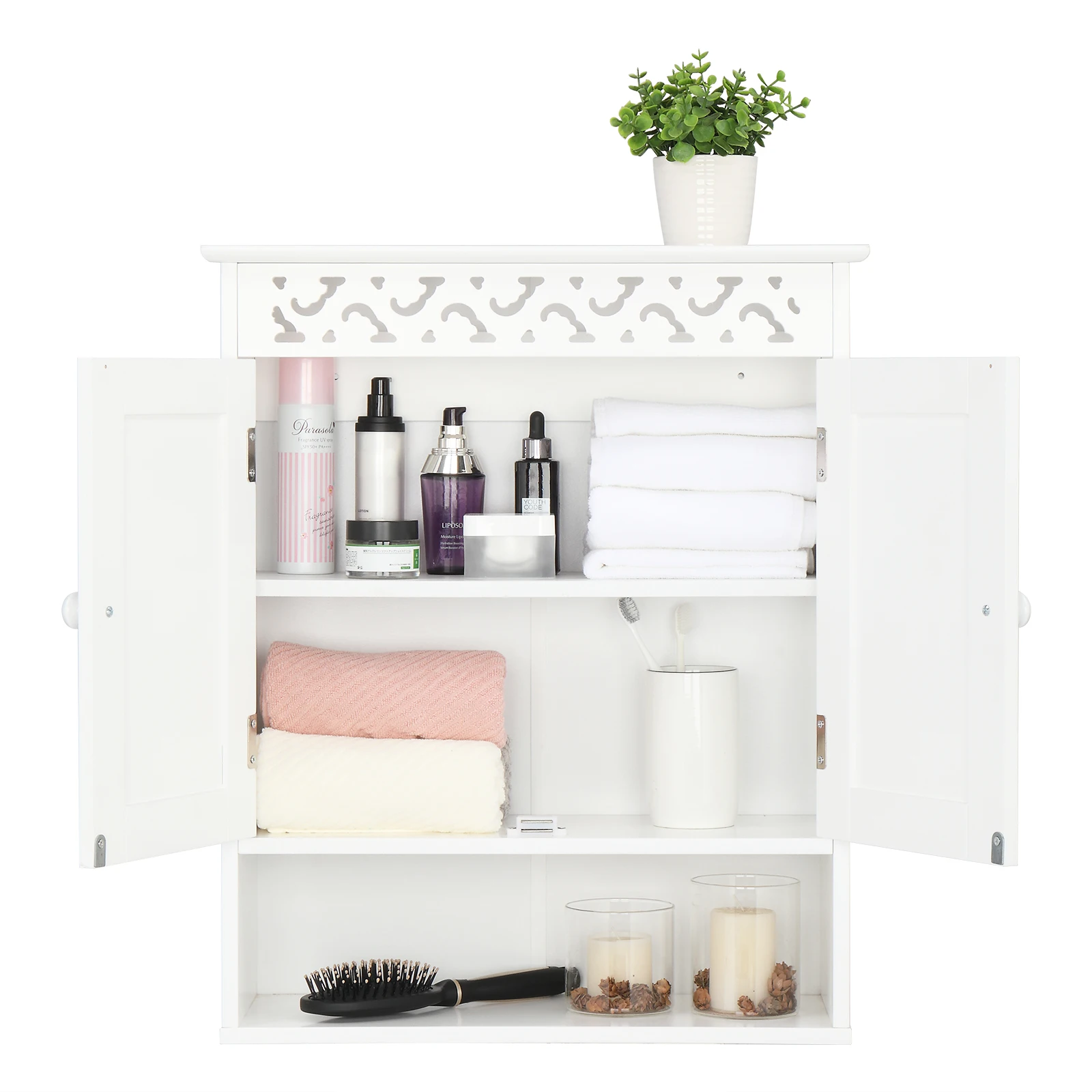 [Flash Sale]Wall Mounted Bathroom Cabinet Wood Carved Hanging Cabinet with 2 Doors&Shelves Bathroom(White)[US-Stock]