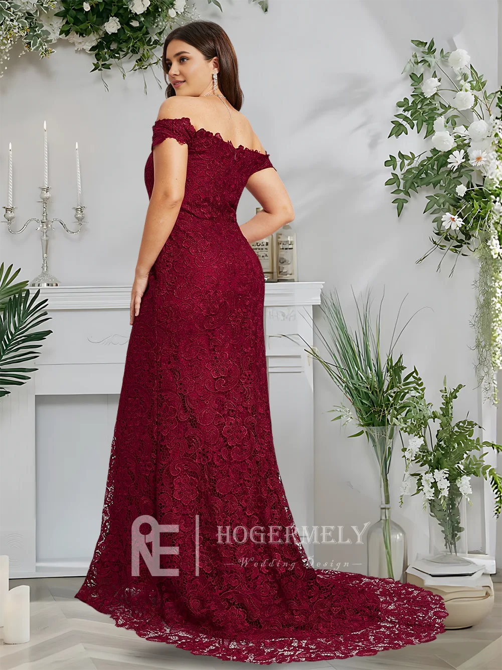 Vestido de noche C Borgoña con hombros descubiertos, trompeta, sirena, encaje, tren de barrido, vestido Formal elegante para mujer, fiesta de graduación, boda, verano 2025