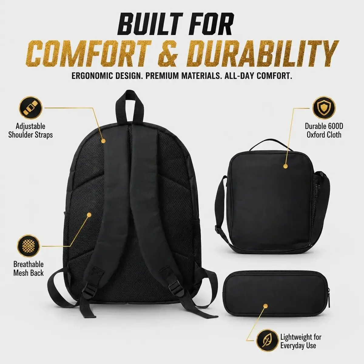 Unisex 3-Piece Legend Print Back to School Set - 600DOxford Cloth Backpack with Insulated Lunch Bag, PencilCase, Padded Straps, Side Pockets for School Travel(backtoschoolshopping)