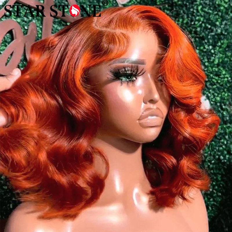 Body Wave Glueless Wigs Human Hair Ginger Orange Short Bob Human Hair Glueless Brazilian Curly Wigs For Woman 6X4HD Lace Closure