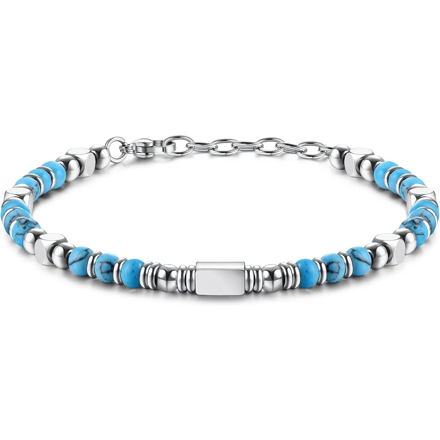 1PC Stainless Steel Fossil Obsidian Tiger's Eye Turquoise Pearl Beaded Bracelet for Men Women Natural Gemstone Stackable Healing Body Jewelry Daily Wear Meditation Party Holiday Best Friend Birthday Anniversary Gift Fashion Accessories