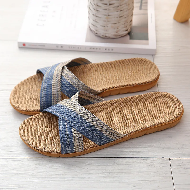 Fashion Linen Slippers Striped Sandals Men Breathable Flat Shoes Household Slippers Flip-Flops Shoes Summer Beach Slides