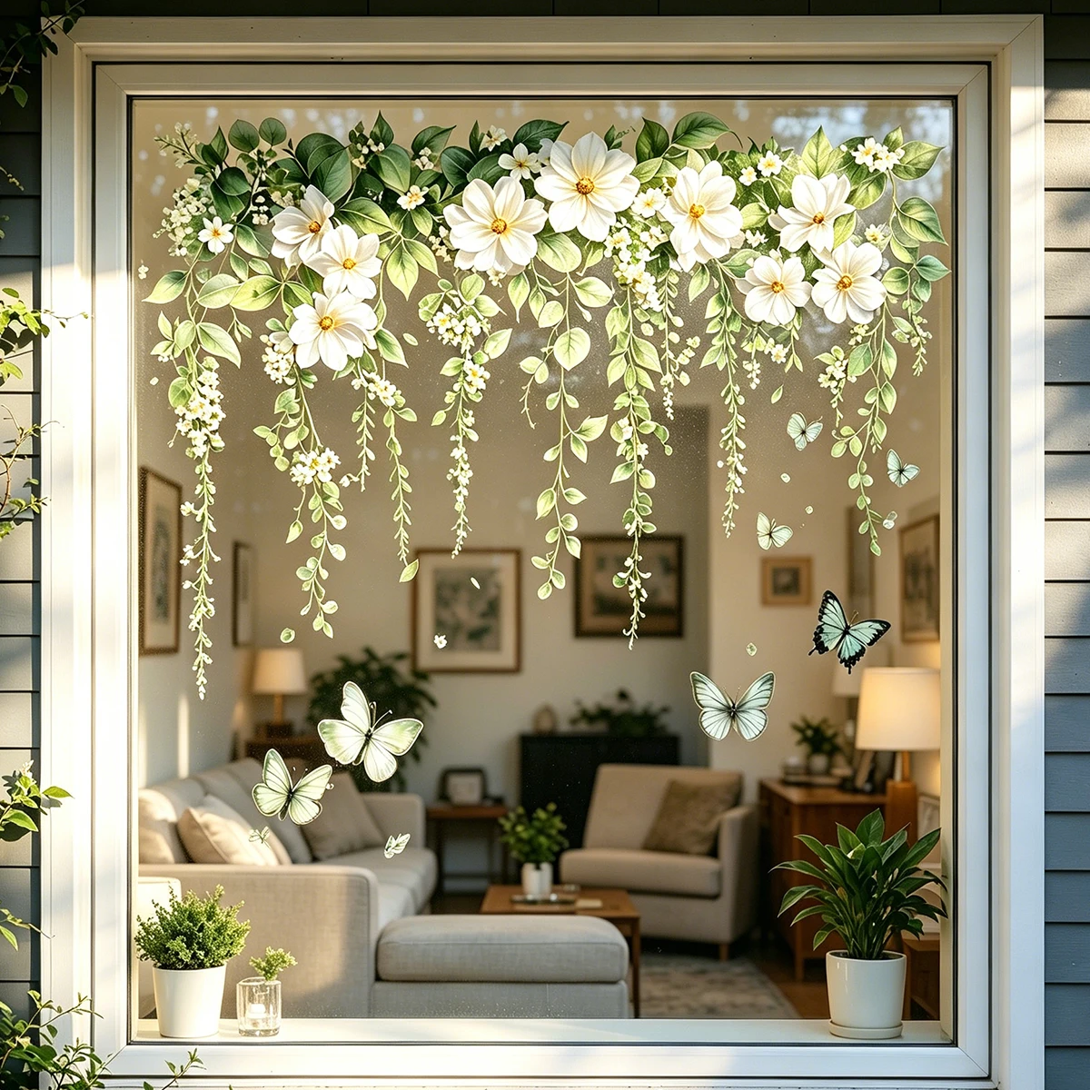 Mattierte Blumen-Glasfensteraufkleber Weiße Blumen Hängende Ranken Abnehmbare Statische Fensterfolie Schmetterling Fensterdekoration Schlafzimmer Wohnzimmer