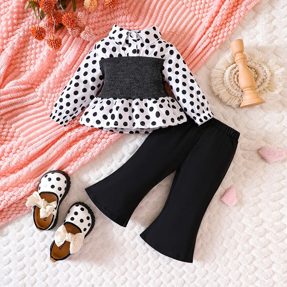 

Toddlers Baby Girl Polka Dot Set Black and White 2 Piece Kids Outfits Elastic Shirts + Bell Bottom Pants