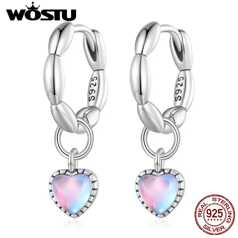 WOSTU 925 Sterling Silve Love&Rice Ear Clips with Pink-purple Glass Pendant Ear Hoop for Women Fine Jewelry Elegance Party Gift