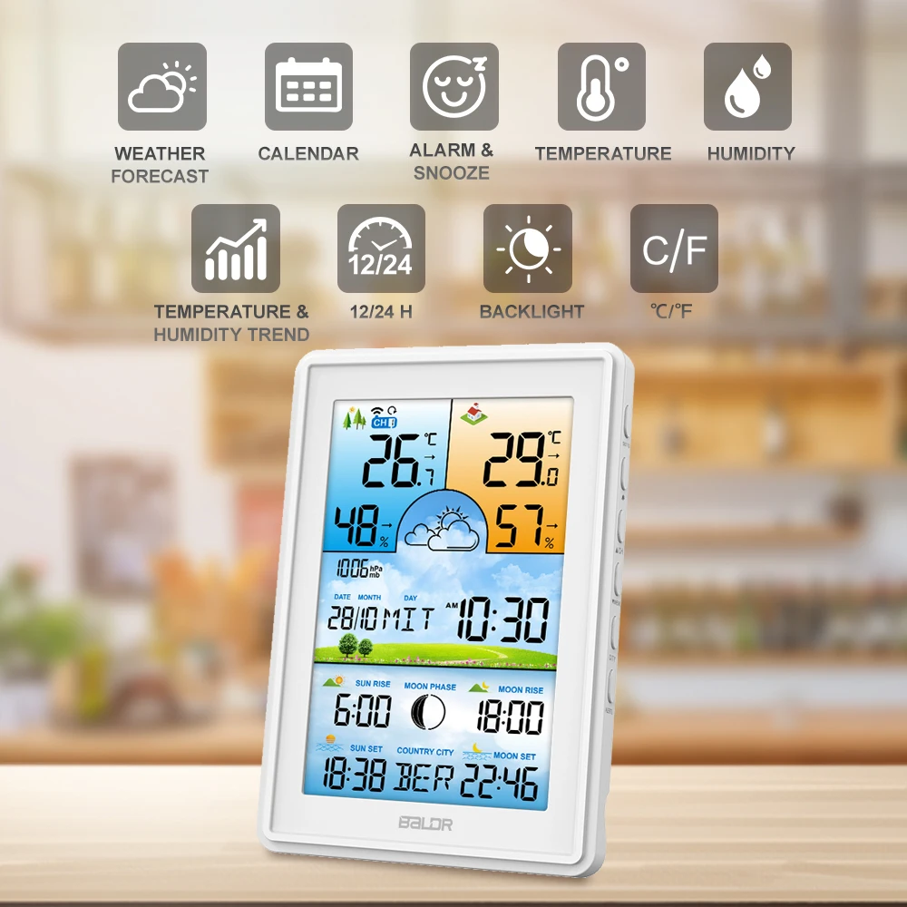 Baldr Bezprzewodowy cyfrowy kolorowy wyświetlacz Stacja pogodowa Zegar Barometr Termometr Higrometr Prognoza Trend Czujnik zewnętrzny