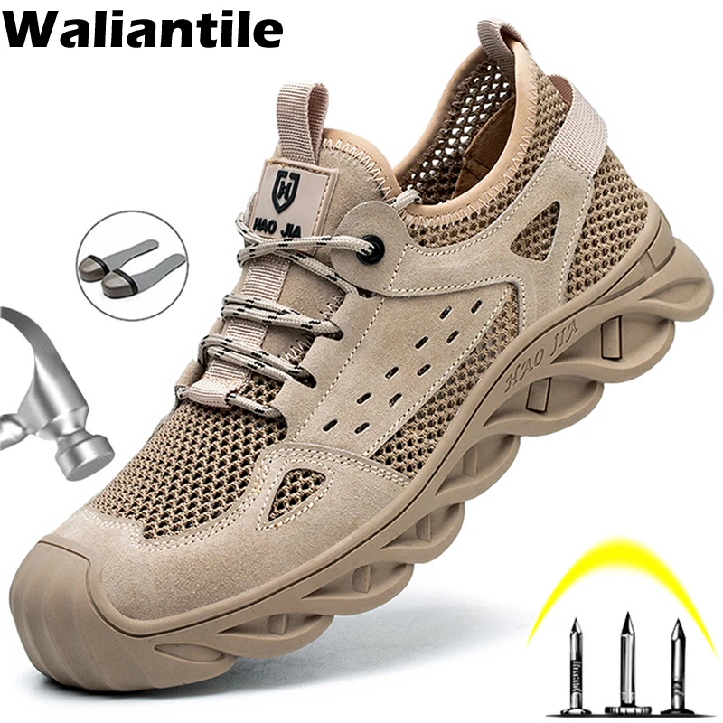 Waliantile Summer Breathable Safety Shoes For Men Anti-smashing construction Working Shoes Male Indestructible Safety Sneakers