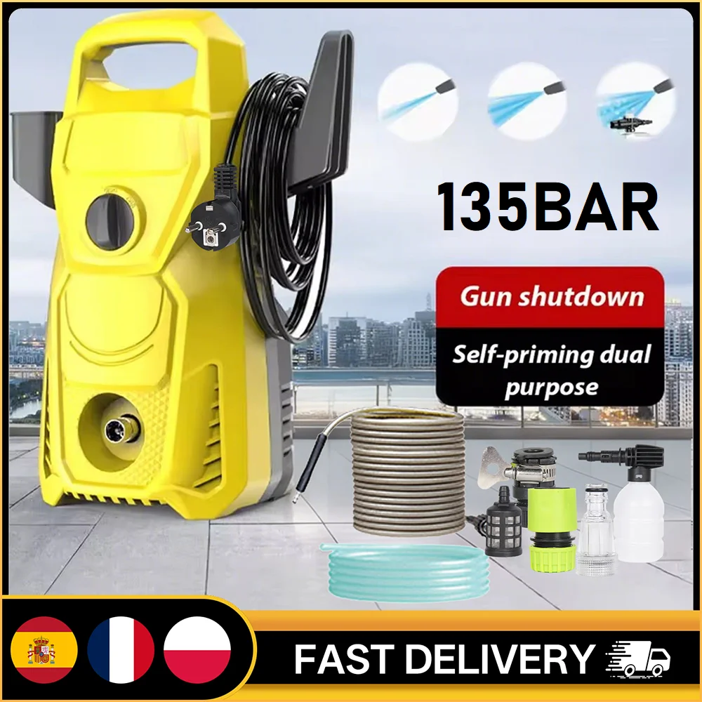 Lavadora eléctrica de alta presión de 135bar, 220V, 1500W, 5,60 L/min, boquilla de presión ajustable para tubería de agua de 10M para limpieza de jardín y hogar de coche