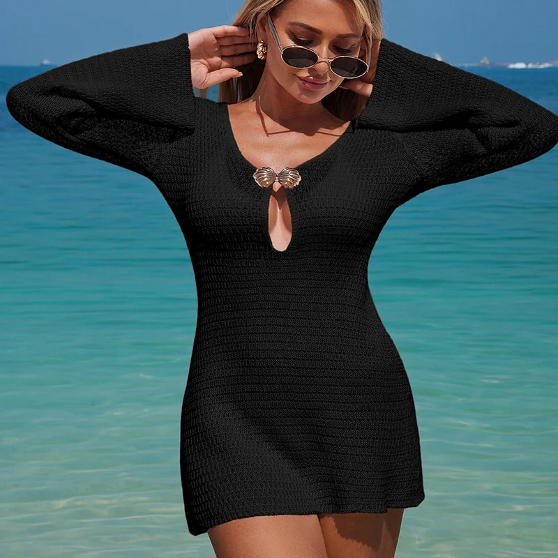 Frauen Langarm Tiefem V Kurze, Figurbetontes Kleid Strand Sheer Häkeln Bikini Cover-Up Sexy Sommer Gestrickte Bademode Weiblichen Badeanzug