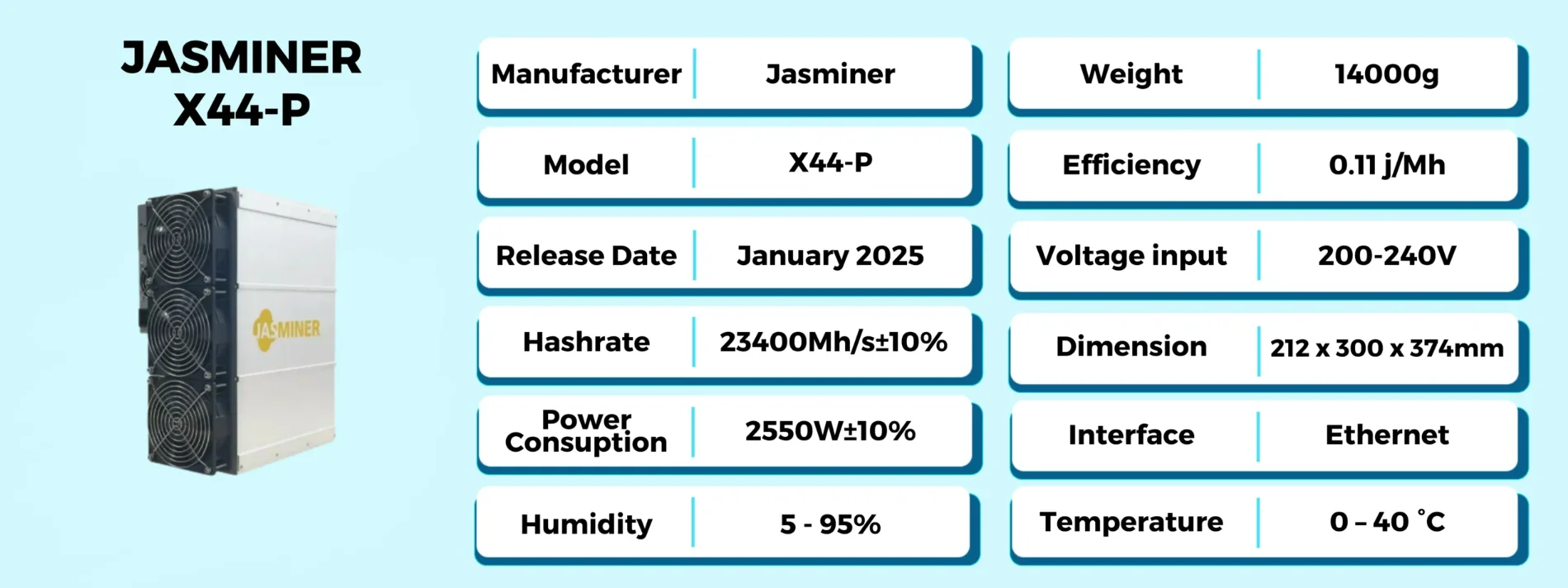 Máquina de minería Jasminer X44-P ETC nueva con garantía del fabricante HKD, 23,400MH/s