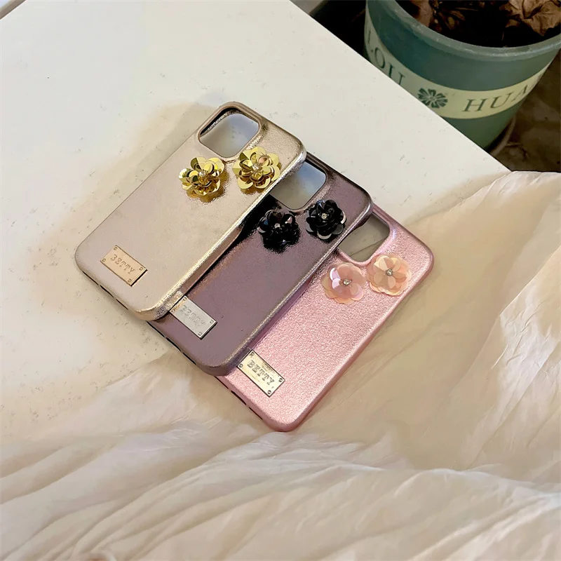 Leather Case with Glitter Flowers for iPhone Mobile Phone Case Creative Simple Advanced Sense iPhone 14 15Pro Max Apple 12 13Pro