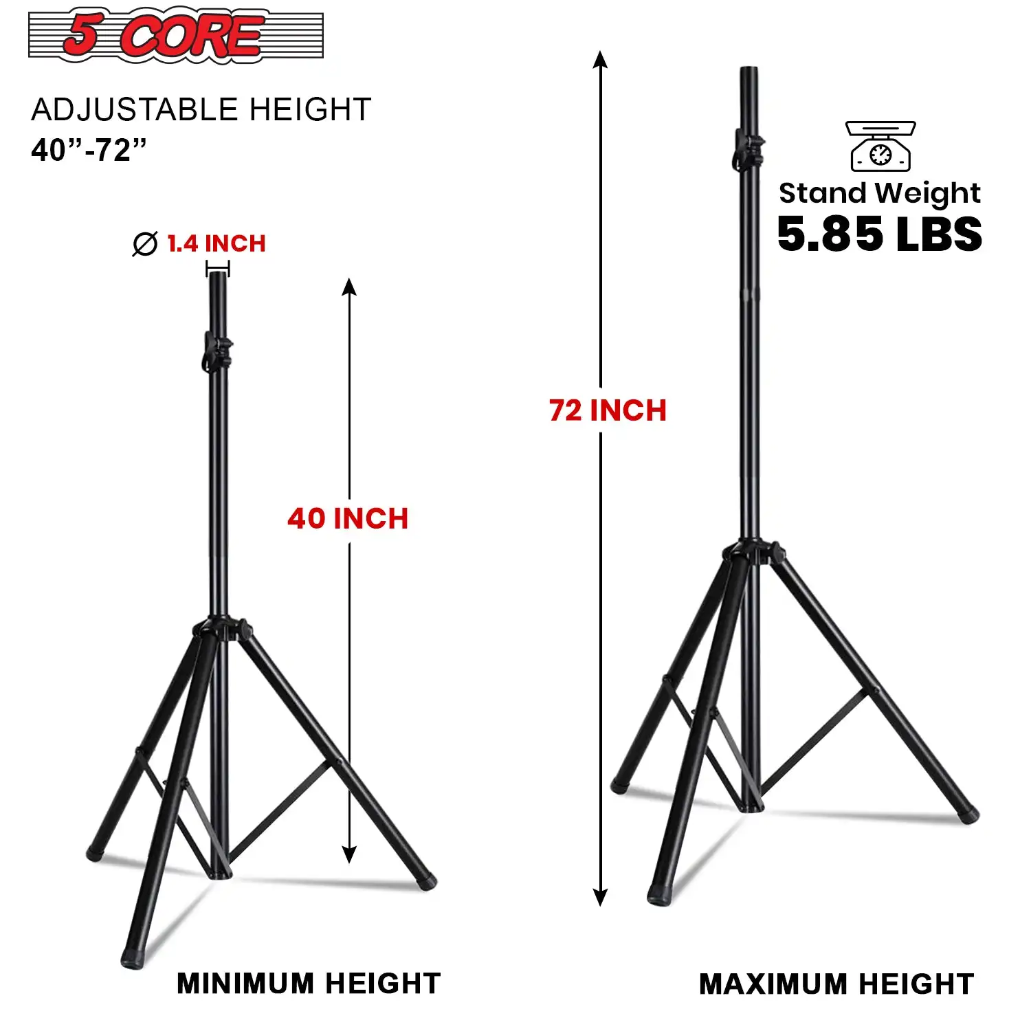 5 Core Speaker Stand Tripod Tall Adjustable 72 Inch DJ Pole Mount Studio Monitor Stands SS HD 1PK BLK BAG