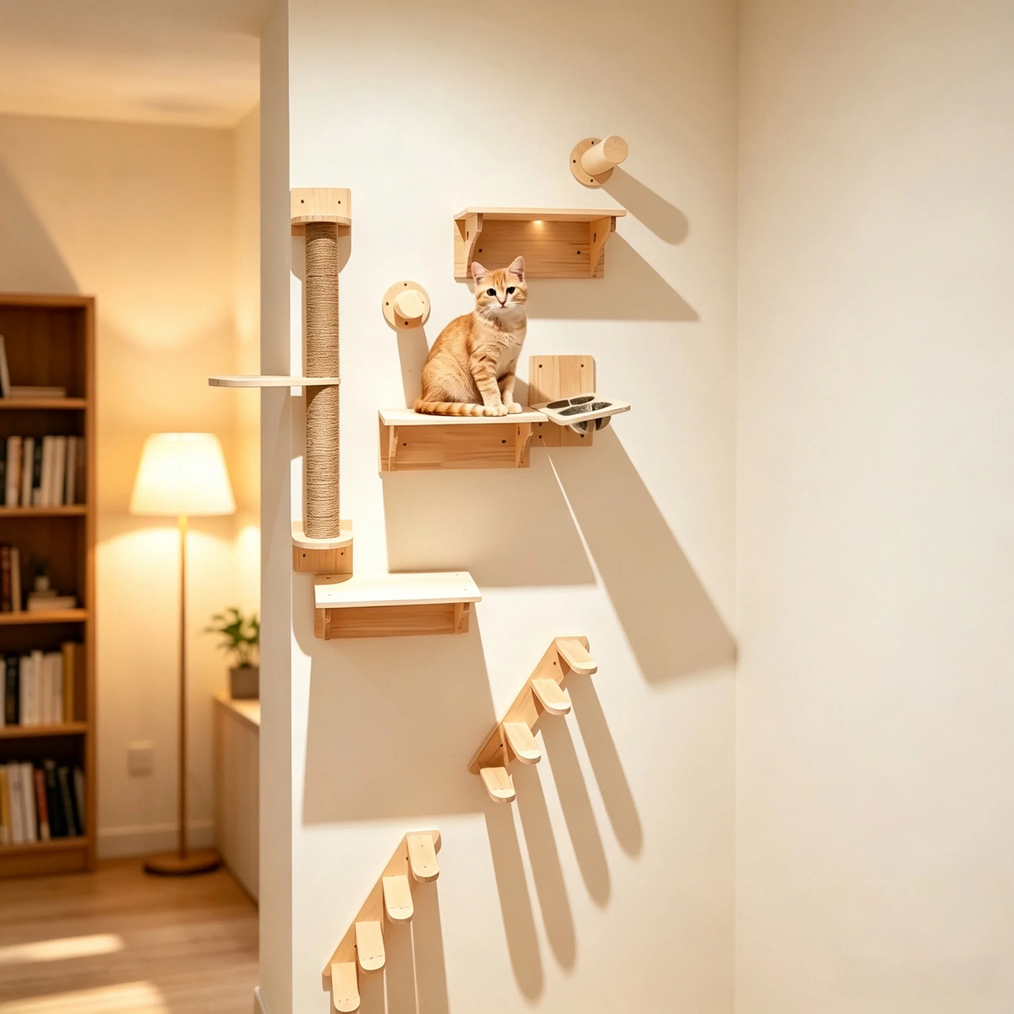 Cat Wall Climbing Shelves Steps and Hammock Bed Tree Tower Space Saving Wall Furniture for Pets Playing Resting Stable Structure