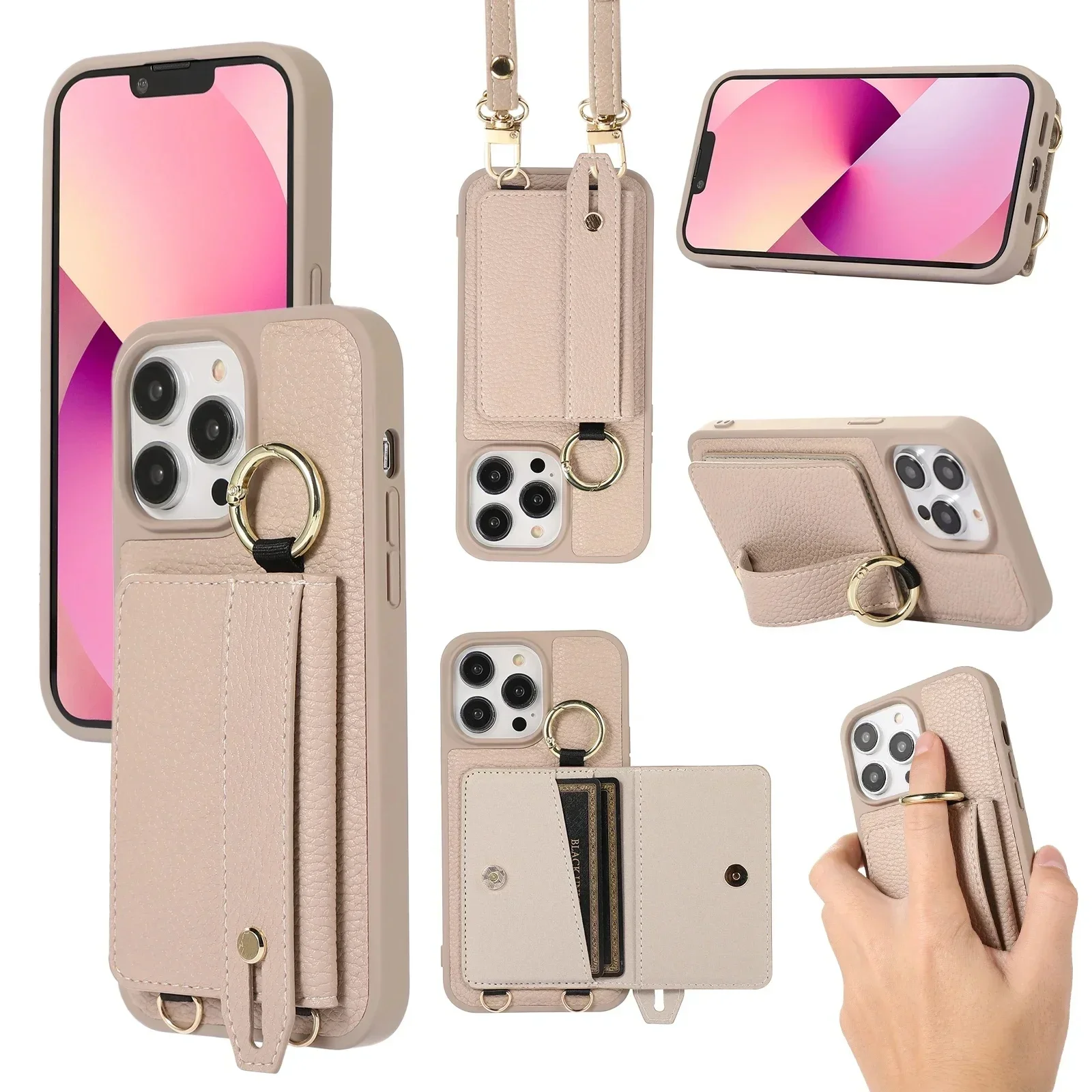 Portfel na nadgarstek Skórzane etui na iPhone'a 15 16 Pro Max 14 Plus 13 12 11 Uchwyt na pierścień Torba na smycz Pokrowiec — zdjęcie produktu 7