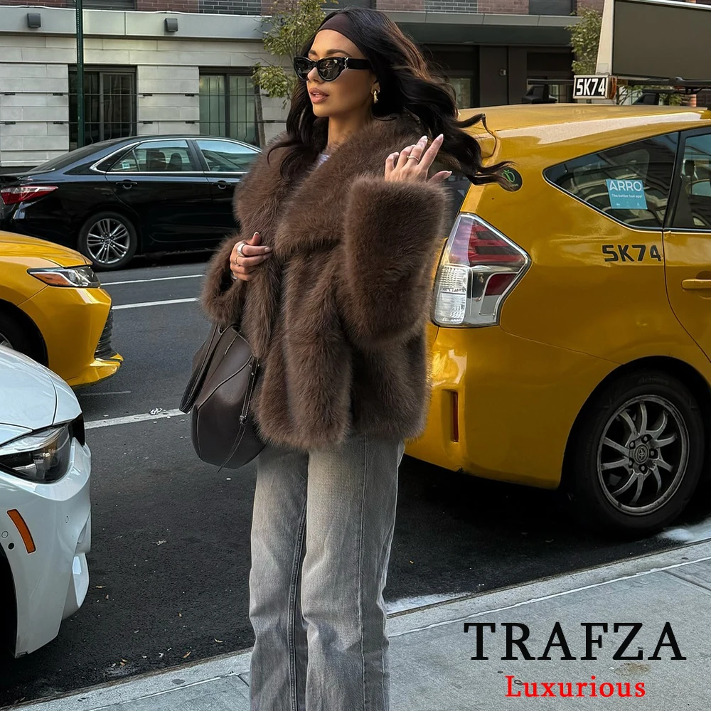 TRAFZA Casual Brown Thick Fur Jackets Women Long Sleeve V Neck Autumn Winter Faux Fur Coats Fashion 2024 Streetwear Outwears