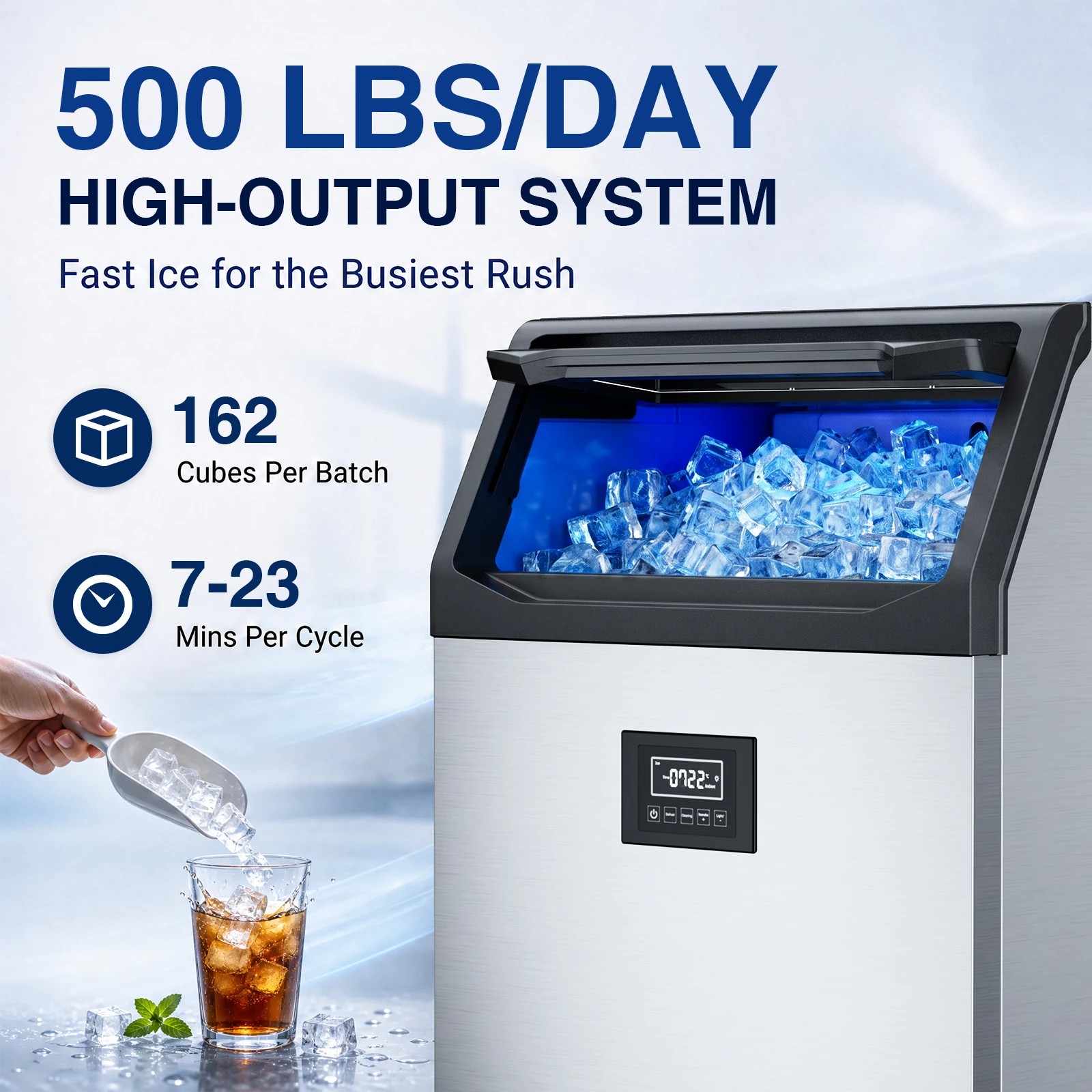 Commercial Ice Maker 500Lbs/24H, 125LBS Large Storage 162 Ice Cubes in 7-23min, Auto Cleaning & Timing Function, Under Counter/Freestanding, Cube Ice Maker for Bar Cafe Restaurant
