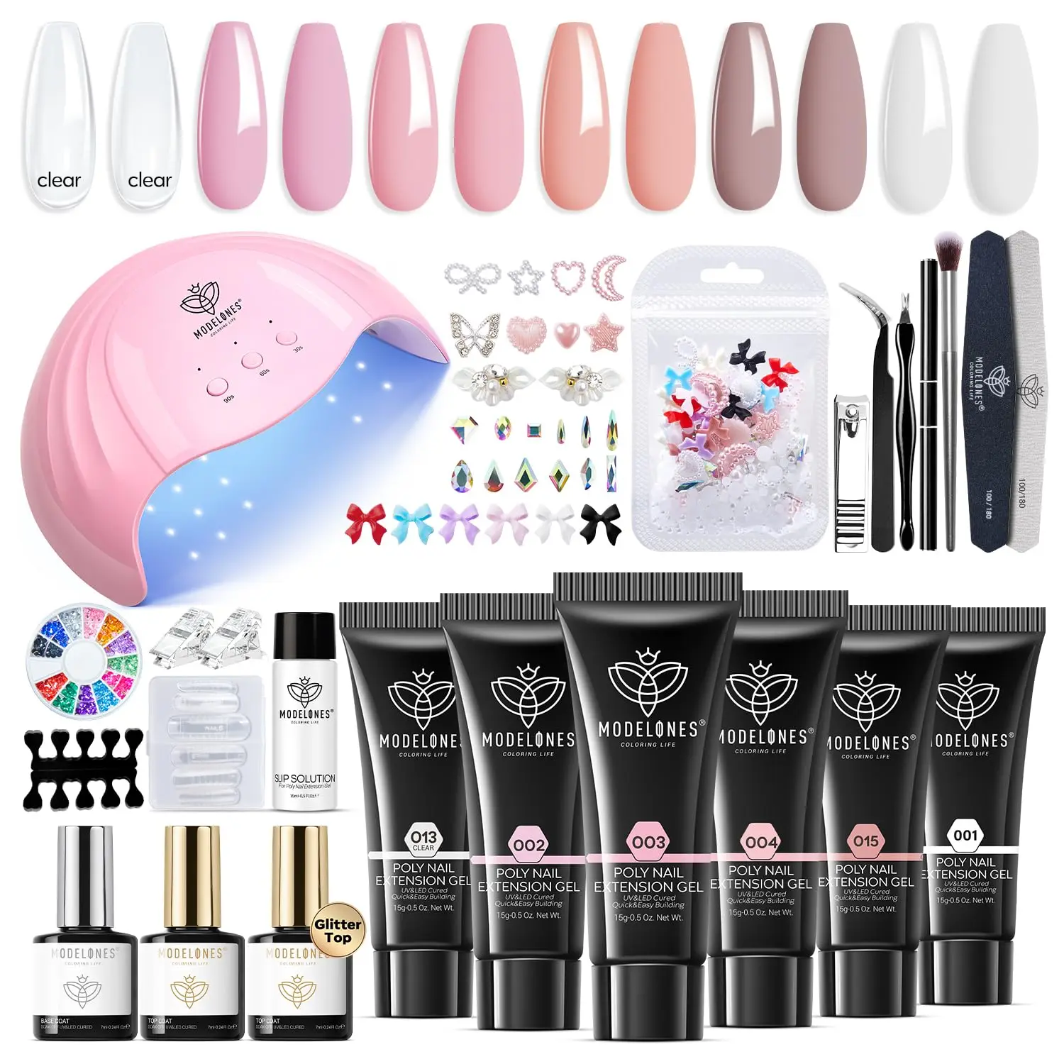 

Набор Poly Nail Gel Modelones, 6 цветов Poly Extension Gel Clear Pink White с 48 Вт U V/LED лампой 3D Nail Charms Builder Slip Solu