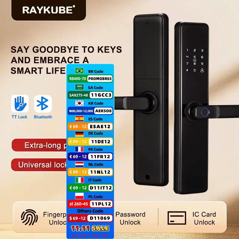 

RAYKUBE P6 TT Lock Bluetooth Smart Door Lock Fingerprint Lock Digital Electric Password Lock With Ultra Long&Large Handle Panels