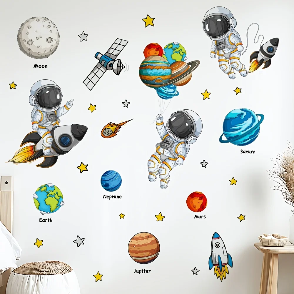 1Pc Space Adventure Theme, Astronaut and Rocket Wall Stickers, Self-Adhesive Pvc Home Decor DIY Stickers, Suitable for Study Rooms, Cabinets, Living Rooms, Bedrooms, Dining Rooms, Bathrooms, Entryways, Doors and Windows, and Wall Decals, Easily Create a Warm and Fun Space, a Creative and Thoughtful Gift for Family, Friends, and Loved Ones