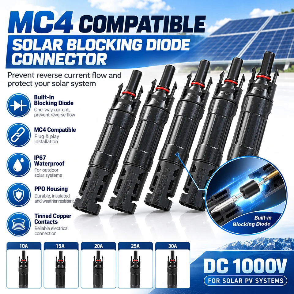 Solar PV Blocking Diode Connector 10A 15A 20A 25A 30A 45V 50V 1000V Anti Reverse Current IP67 Inline Connector for Solar Panels