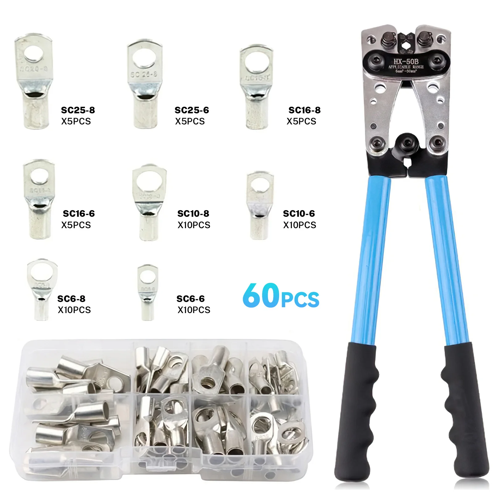HX-50B Manuelle Crimpzange für 6-50mm² (10-0 AWG) Kabelanschlussklemmen, 6-teiliger rotierender Sechskant-Matrizen-Satz mit Rahmen aus hochlegiertem Stahl, Batteriekabel-Crimpzange für elektrische