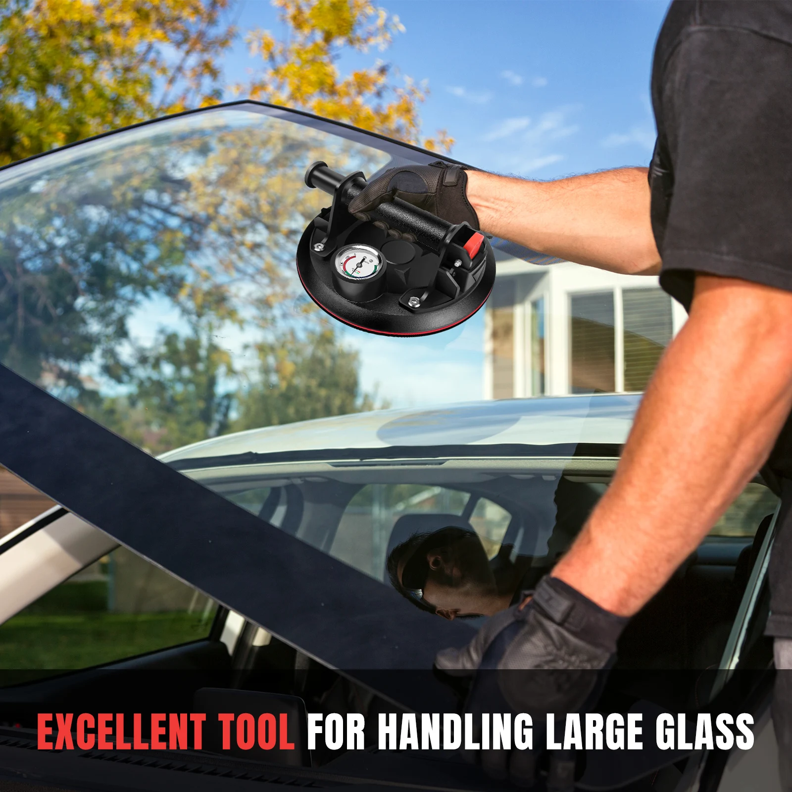 Ventouse à pompe à air manuelle avec affichage de la pression, grande ventouse de 25 cm pour le levage de verre, carreaux, marbre, céramique, pare-brise de voiture, outil manuel d'installation et de déplacement avec étui de rangement