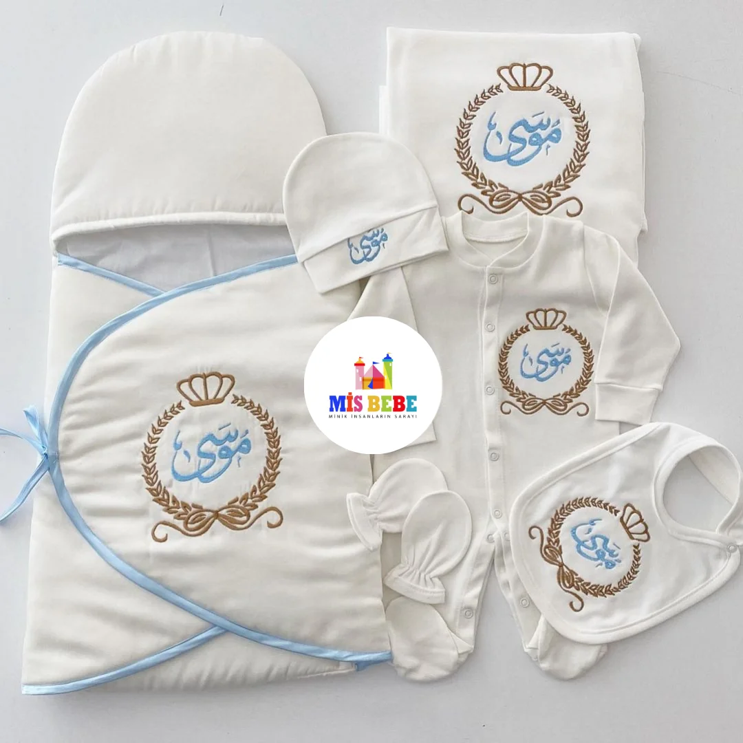 

Personalized 6-Piece Newborn Baby Clothing Set - Antibacterial Fabric | Includes Swaddle, Blanket, Overalls, Hat, Gloves, Bib |