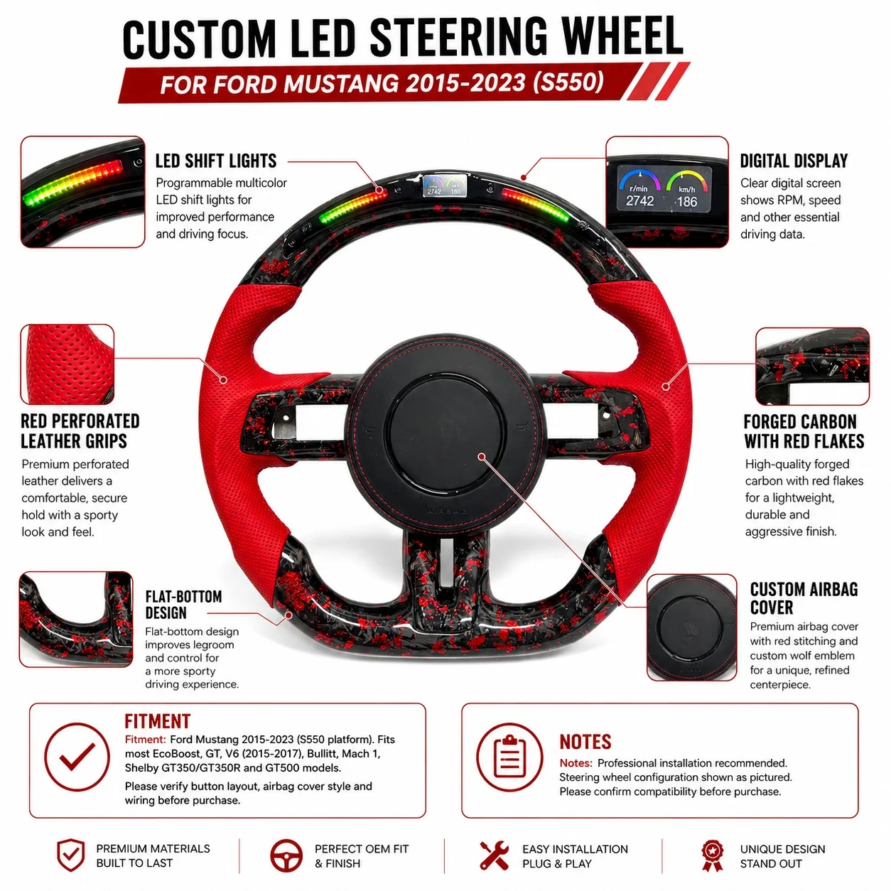For Ford Mustang GT V6 EcoBoost Shelby GT350 GT500 2015-2023 LED Red Forged Carbon Fiber Perforated Leather Steering Wheel view 2